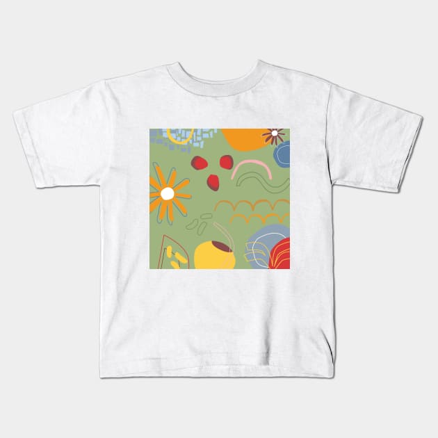 Green abstract floral and fruity pattern Kids T-Shirt by Laursartt